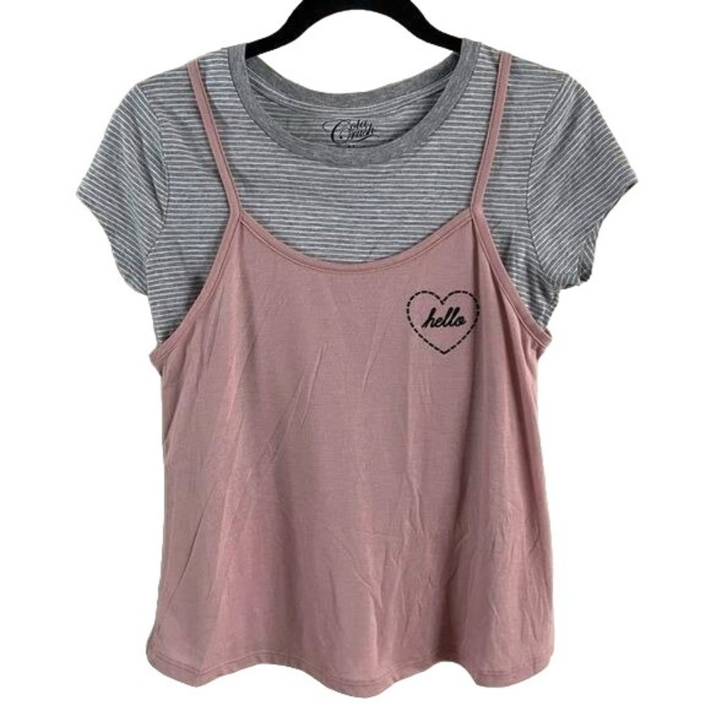 Gold Rush Layered Gray Crop Top w/ Pink “Hello” Tank Top, Sz Medium